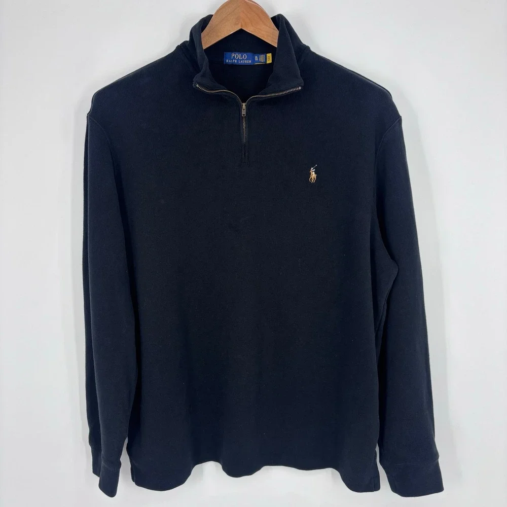 Polo Ralph Lauren 1/4 Zip Sweatshirt Mens XL Black Cotton Flesh Pony Preppy